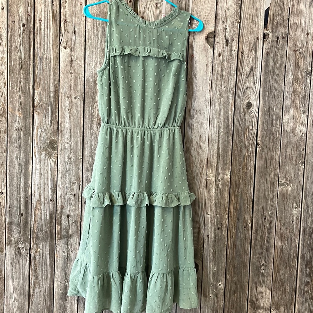 Long, calf length, flowy, textured, high neck dress